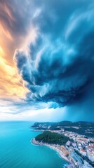 Wall Mural - A timelapse of a storm approaching a coastal town with dark clouds rolling in and the sea becoming rough, creating a dramatic and intense visual experience