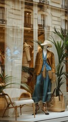 Wall Mural - A vibrant boutique window showcases a summer collection, featuring elegant women's clothing, a chic hat, and stylish seating, surrounded by green plants