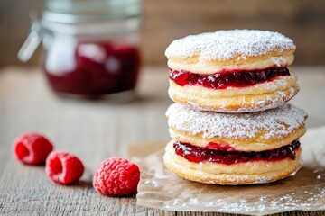 Freshly baked raspberry cream biscuits with powdered sugar on a wooden table