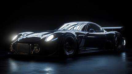 Black generic unbranded sports car in the dark, rendered in 3D illustration.