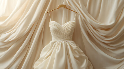 A creamy champagne wedding gown with a fitted bodice and cascading layers.