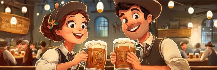 Bavarian couple in traditional attire, retro cartoon style, vibrant Oktoberfest celebration, vintage beer steins, warm colors, cozy beer hall scene, nostalgic charm