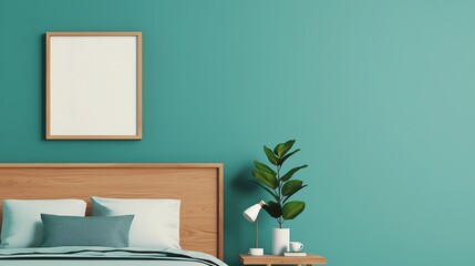 Wall Mural - A calming bedroom with a teal wall, wooden bed, decorative pillows, and a stylish plant on a bedside table.