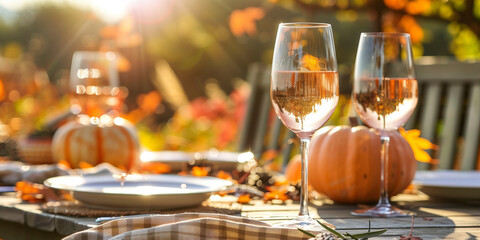 Outdoor autumn table setting with candles, pumpkins and wine glasses. Thanksgiving table decoration.