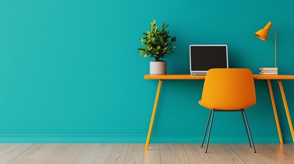 Wall Mural - A modern workspace featuring a vibrant teal wall, stylish orange chair, and minimalistic desk with a laptop and decorative plant.