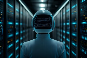 Canvas Print - Man in virtual reality headset immersed in a digital world within a futuristic server room