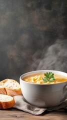 A steaming bowl of chicken noodle soup, with fresh herbs on top and a side of crusty bread, placed on a wooden table with a vintage tablecloth, evoking comfort and warmth