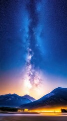 Wall Mural - a starry night sky over a quiet mountain landscape, the milky way stretching across the sky, providi