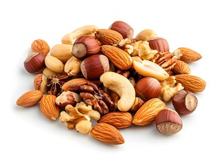 A variety of mixed nuts displayed on a white background