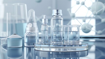 cosmetic podium display with glass flask and cylinder equipment in medical science lab background, 3