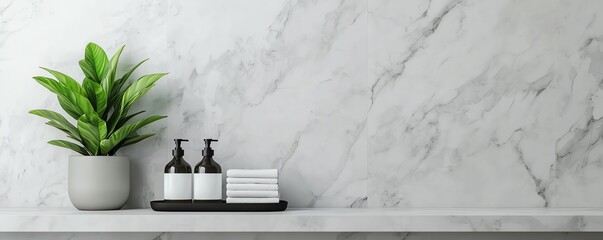 Wall Mural - Elegant bathroom scene featuring marble wall, plant, black bottles, and stacked towels for a serene atmosphere.