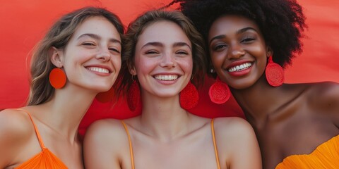 Wall Mural - Three women are smiling and wearing red earrings. They are posing for a photo in front of a red background