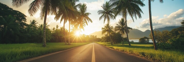 Wall Mural - A road with palm trees in the background and a sunset in the sky. The road is empty and the sun is setting