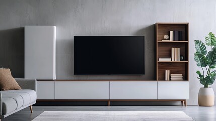 Wall Mural - Modern living room featuring a sleek TV stand, minimalist decor, and a touch of greenery for a stylish ambiance.