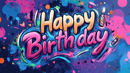 A vibrant 'Happy Birthday' graphic featuring colorful text and cheerful decorations, perfect for celebrating birthdays and spreading festive joy with bright hues and playful elements.