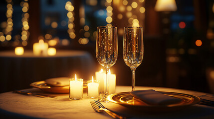 A hyper realistic candle light dinner table of 2, golden plates and long neck glasses with romantic ambiance, luxury hotel is the background