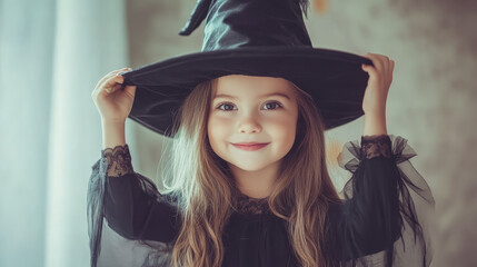 Wall Mural - a cheerful girl wearing witch hat, expressing joy and excitement. her long hair and costume add to p