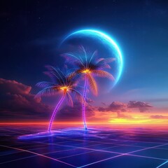 A tropical scene with two palm trees and a glowing moon