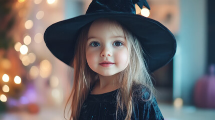 Wall Mural - a young girl wearing black witch hat and dress, smiling with joyful expression. background features 