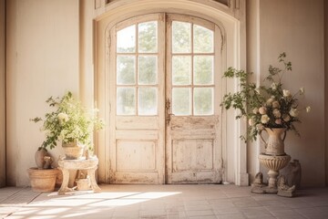 Wall Mural - Vintage cream door home window architecture houseplant.