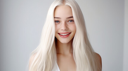 Portrait of a smiling cheerful blonde teenage girl with long white hair and perfect skin, white background, banner.