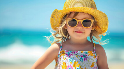 Young girl with sunglasses and yellow hat on the beach enjoying sunny day happy childhood vacation