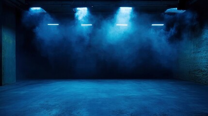 A dark empty street, dark blue background, an empty dark scene, neon light, spotlights The asphalt floor and studio room with smoke float up the interior texture. night view , ai