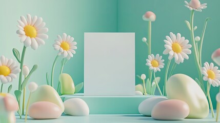 Sticker - A whimsical 3D scene with a blank A4 white paper sheet or promotion poster mockup on an abstract stage, adorned with kawaii flowers and pastel rocks, set against a green mint background.