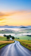 Wall Mural - A peaceful rural road at dawn, with mist rolling over the fields on either side, and the road leading towards distant hills, captured in first person point of view