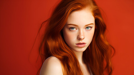 Wall Mural - Portrait of a serious aggressive teenage girl with red long hair with perfect skin, red background, banner.