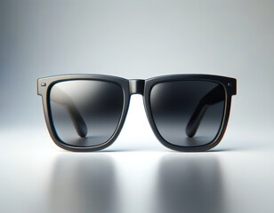 A pair of sunglasses with a wooden frame. The sunglasses are black and have a dark tint. The frame is made of wood and has a natural look. The sunglasses are positioned on a white background