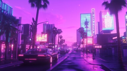 A surreal vaporwave cityscape glows with neon lights, palm trees, and retro cars amidst holographic billboards.