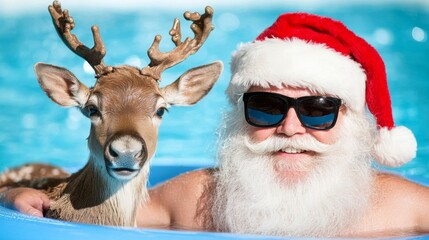 Wall Mural - Merry Christmas holiday vacation winter greeting card concept, - Cool hipster Santa Claus with sunglasses and reindeer  lying and relaxing on air mattress in swimming pool