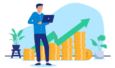 Leinwandbilder - Man with computer making money - One smiling person, IT worker or developer standing holding laptop in front of rising chart diagram with green arrow pointing up towards growth and success