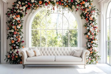 Backdrop wedding with sofa and flowers generative AI