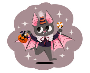 A cute bat character in a vampire costume goes Trick or Treating with sweets and pumpkin. Cute vector Halloween character illustration.