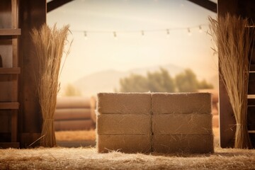 Canvas Print - Farm view with bale of hay outdoors nature straw.