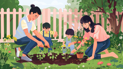 Parents and children gardening together in the backyard, planting flowers and vegetables, highlighting family teamwork