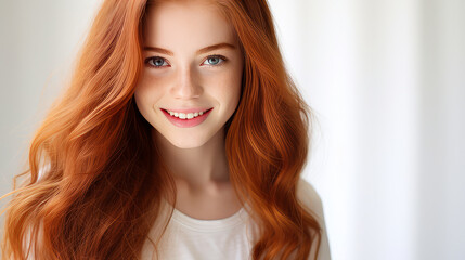 Canvas Print - Portrait of a smiling cheerful teenage girl with long red hair and perfect skin, white background, banner.