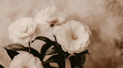 Wall Mural - With macro impasto technique, an abstract oil painting depicts white and beige flowers...