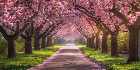 Canvas Print - Pink blossom trees line a path