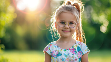 Young girl with sunglasses and ponytail outdoor sunny day happy childhood