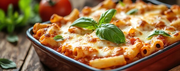 A dish of baked ziti with melted mozzarella and a rich tomato sauce, garnished with fresh basil, Comfort baked ziti, Italian classic