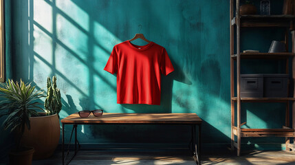 Wall Mural - an isolated vibrant red T-shirt displayed in a minimalist designer studio