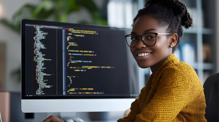 Wall Mural - African American Programmer Woman Coding