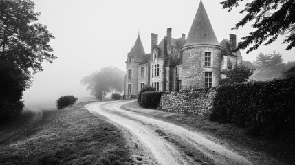 In this minimalistic landscape, fields and an old mansion house in the English countryside are shown in black and white