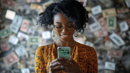 Canvas Print - African American woman using smartphone app to donate money online