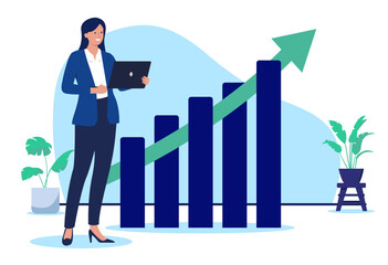 Fototapete - Successful businesswoman - Smiling business person character standing in front of rising chart diagram with green arrow pointing up towards growth and success. Flat design vector illustration