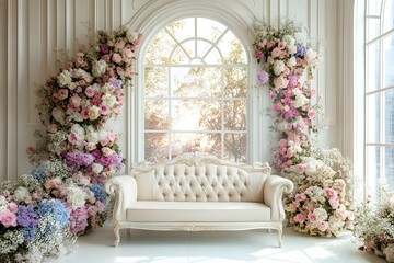 Wall Mural - Backdrop wedding with sofa and flowers generative AI