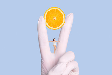 Poster - Creative picture young attractive woman orange slice fruit healthy meal exotic tropical fresh juicy food two fingers peace gesture